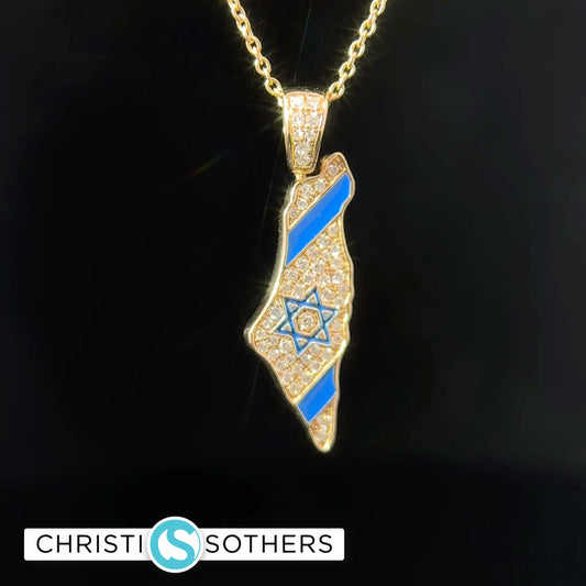 14KT Yellow Gold pavé Diamonds + Enamel State of Israel