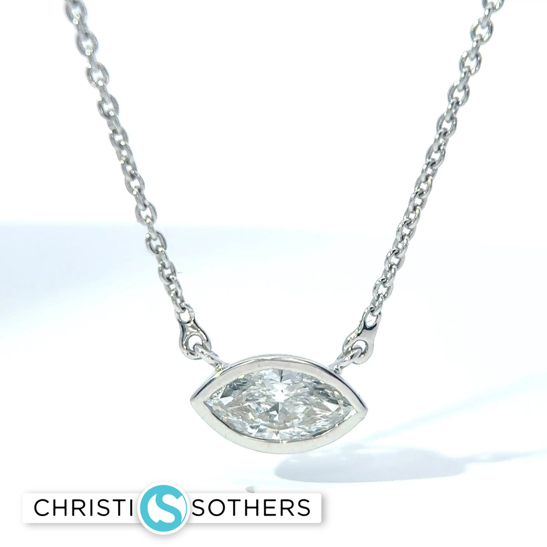 14KT White Gold 0.97ct Lab Marquise Diamond Bezel Set Solitaire Necklace