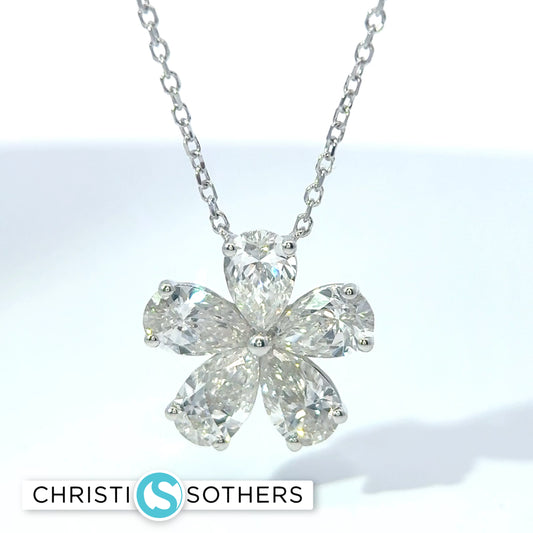 14KT White Gold 1.90ct Lab Pear Diamond Flower Necklace