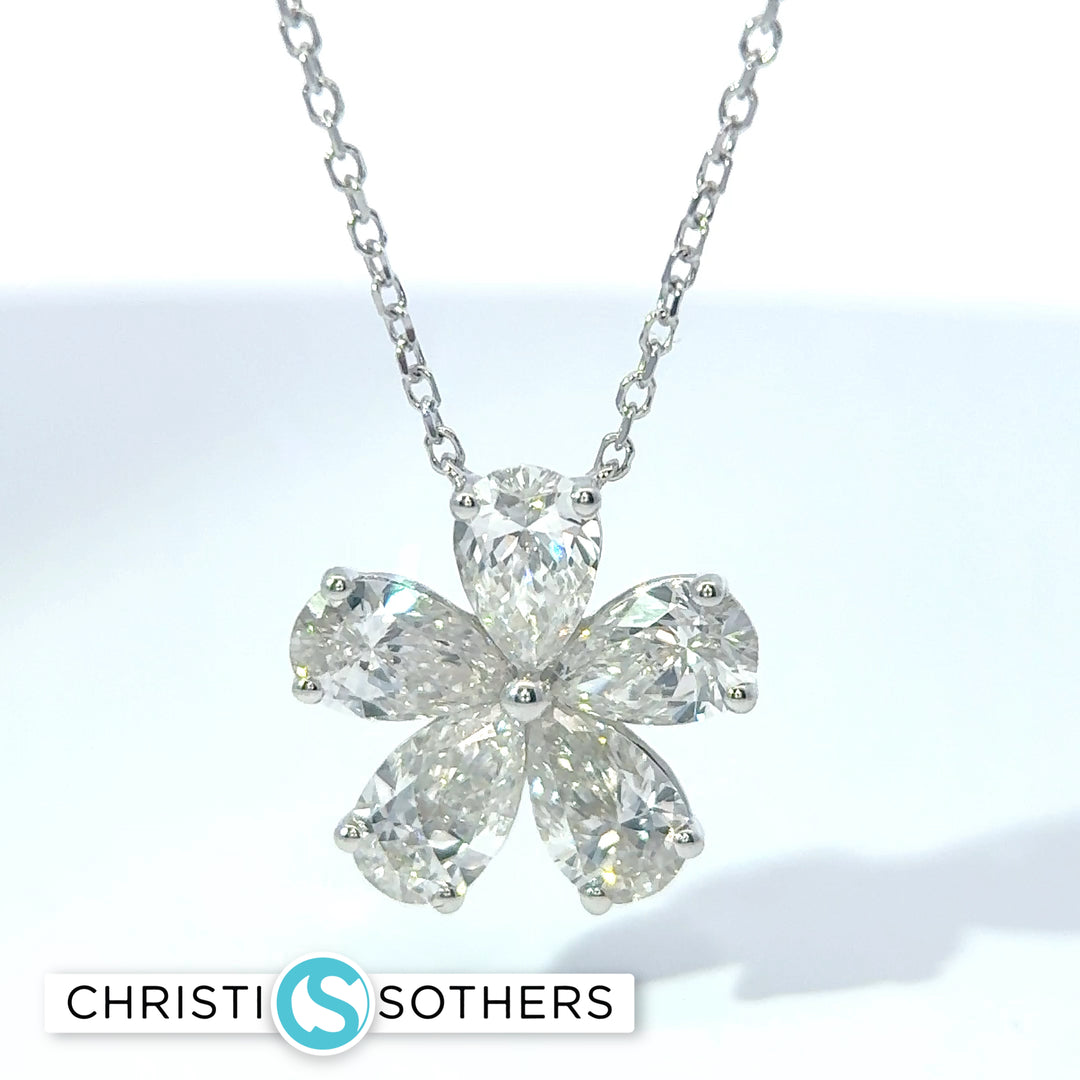 14KT White Gold 1.90ct Lab Pear Diamond Flower Necklace