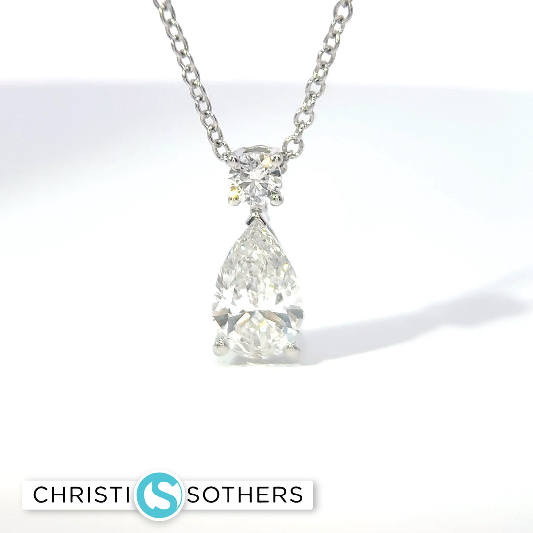14KT White Gold 0.95ct Lab Pear & Round Diamond Necklace