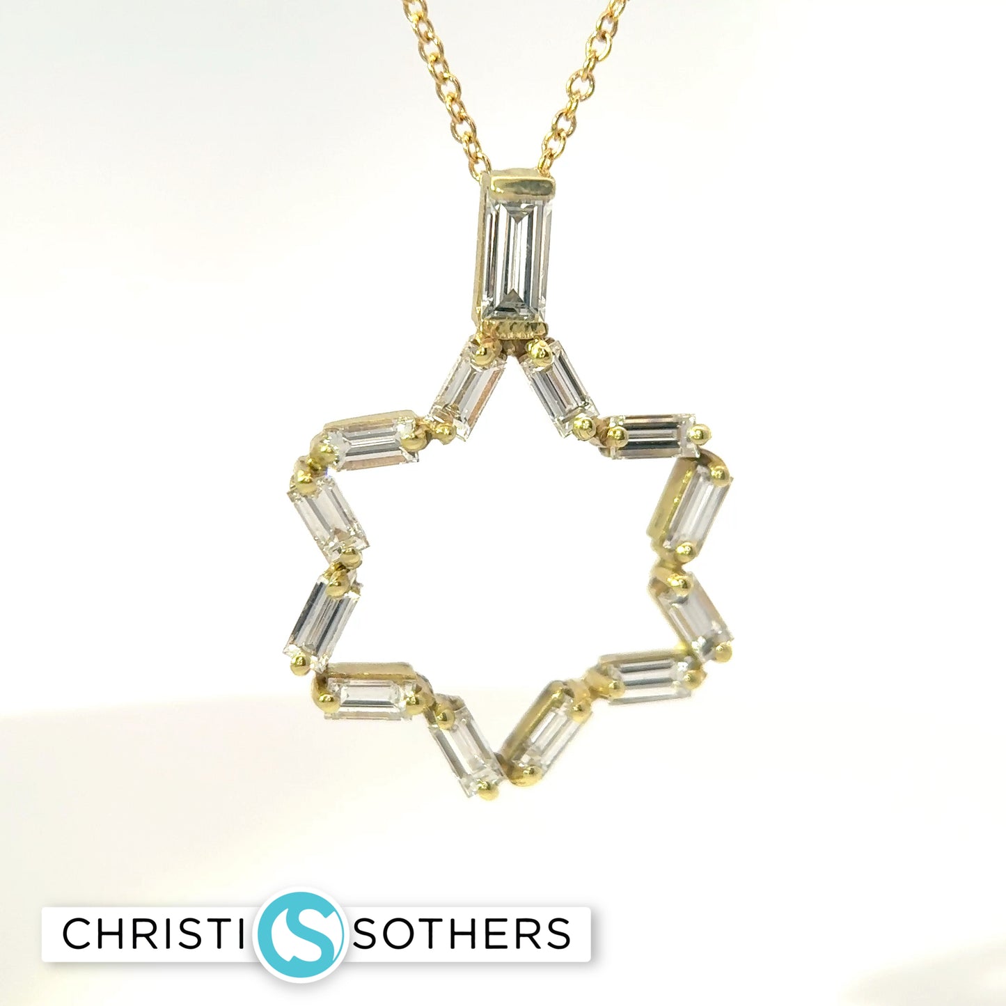 14KT Yellow Gold 1.78ct Lab Baguette Diamond Magen David Pendant