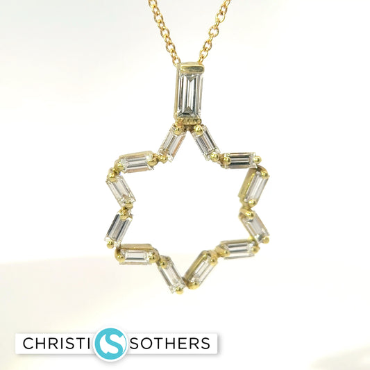 14KT Yellow Gold 1.78ct Lab Baguette Diamond Magen David Pendant