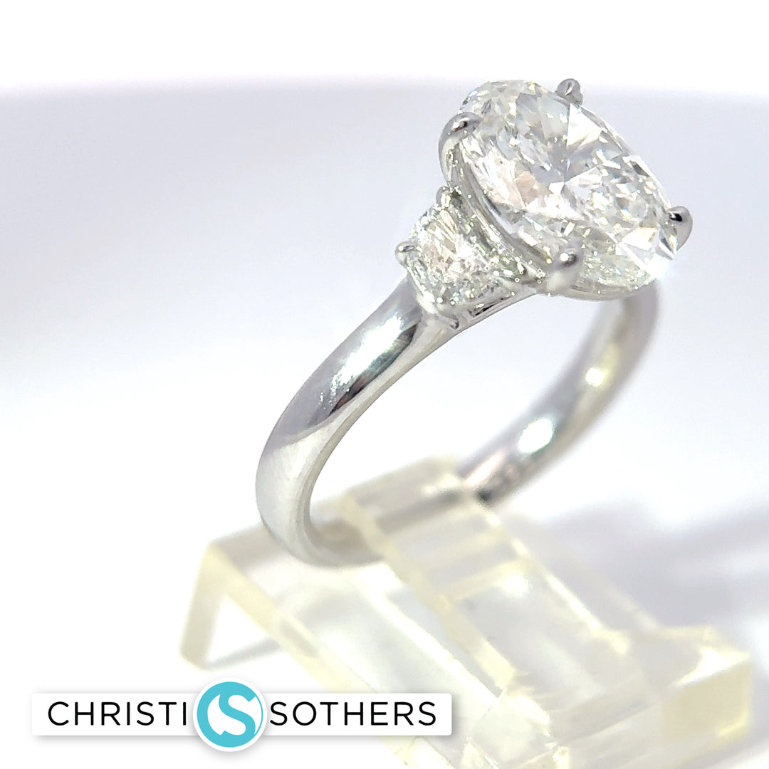 14KT White Gold 3.34cttw Lab Oval & Half Moon Diamond Engagement Ring