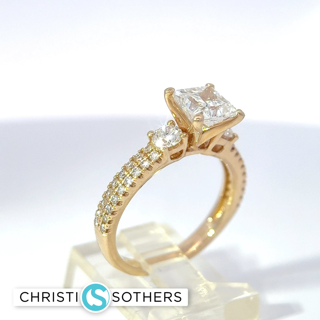 14KT Yellow Gold 2.26ct Lab Princess & Round Diamond Engagement Ring