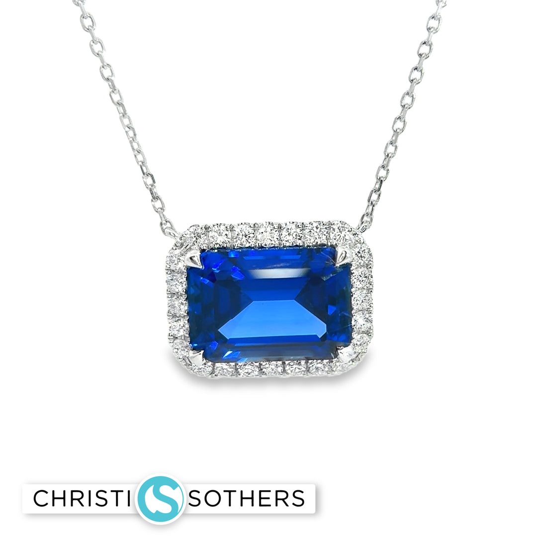 14KT White Gold Necklace with Emerald-Cut Royal Blue Sapphire