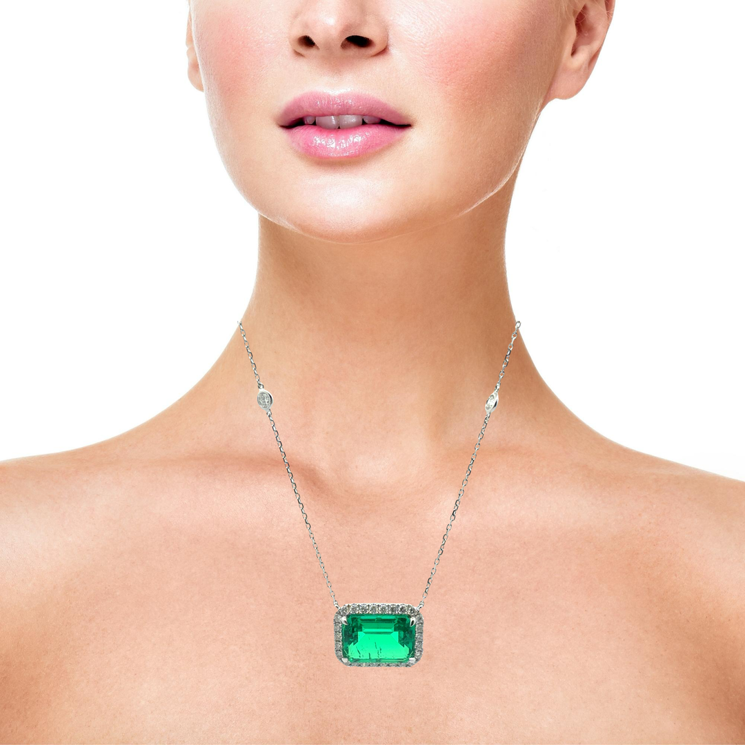14KT White Gold Lab-Grown Emerald & Diamond Halo Pendant Necklace