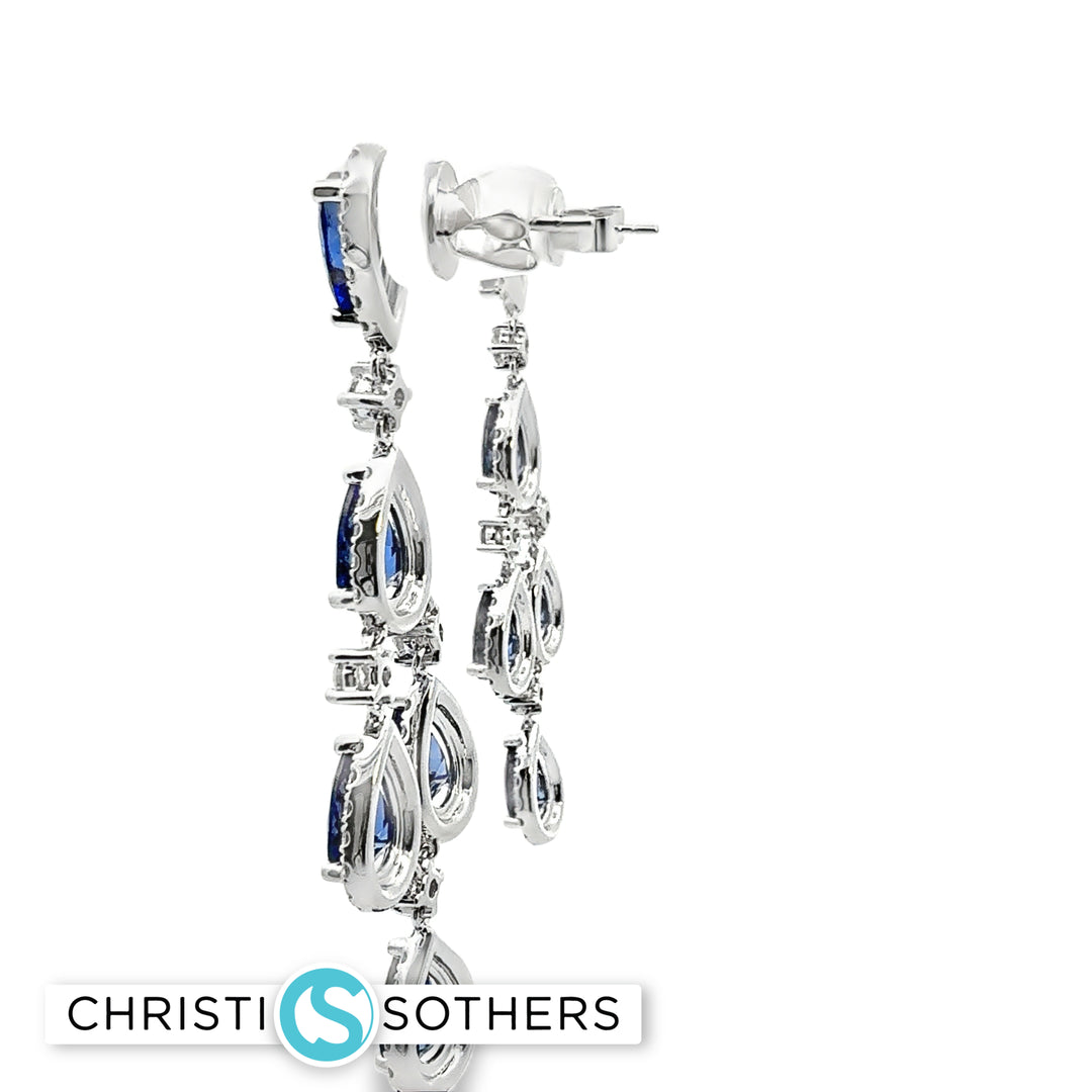 14KT White Gold chandelier Earrings with Pear-Shaped Royal Blue Sapphires