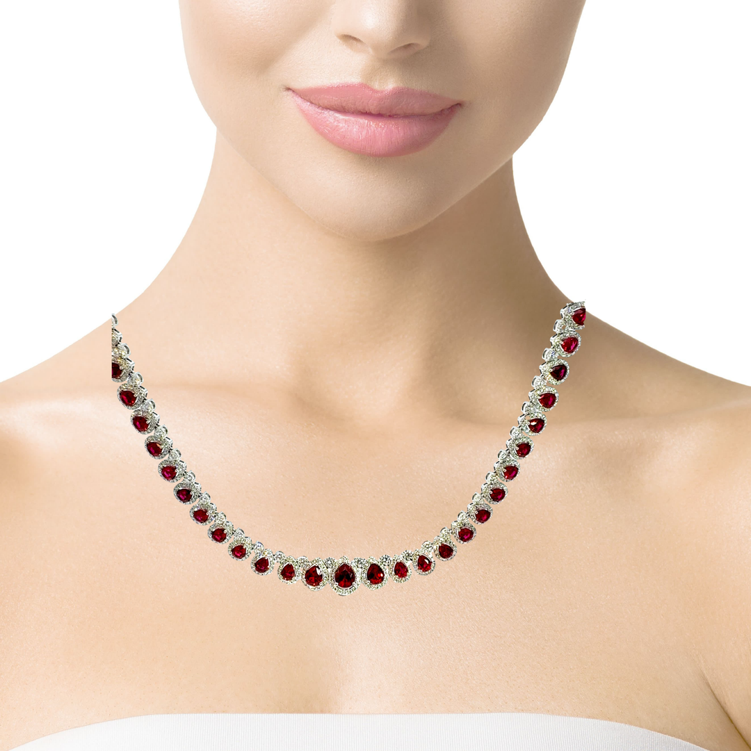 18KT White Gold Vibrant Pear Ruby & Diamond Pear Necklace