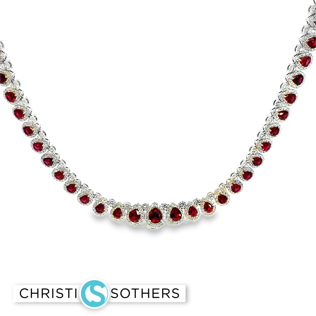 18KT White Gold Vibrant Pear Ruby & Diamond Pear Necklace
