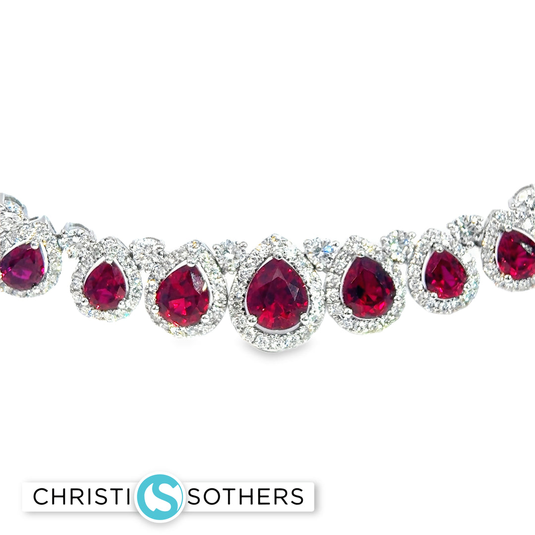 18KT White Gold Vibrant Pear Ruby & Diamond Pear Necklace