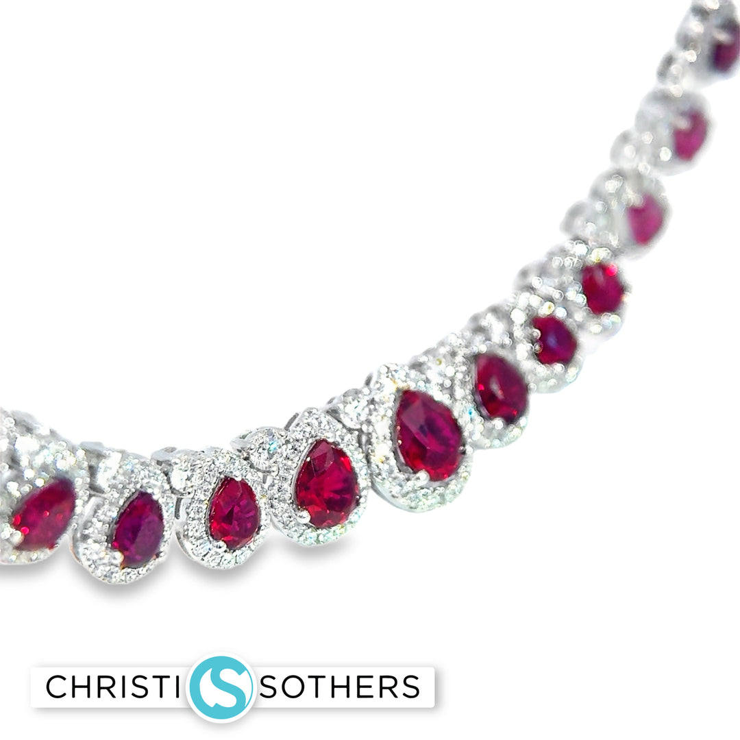 18KT White Gold Vibrant Pear Ruby & Diamond Pear Necklace