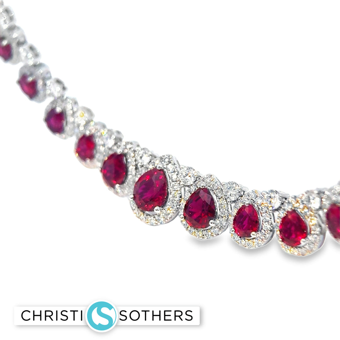 18KT White Gold Vibrant Pear Ruby & Diamond Pear Necklace
