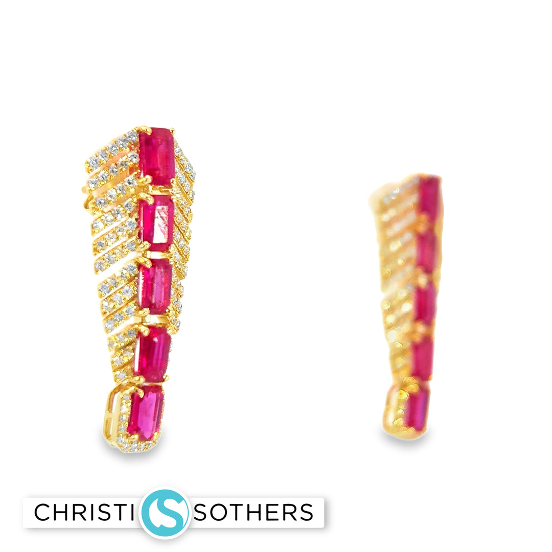 18KT Yellow Gold Ruby & Diamond Dangle Earrings