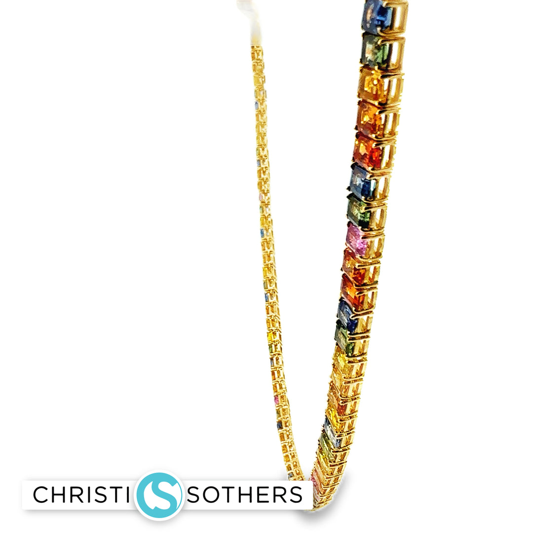 18KT Yellow Gold Rainbow Sapphire Tennis Necklace (55.48 CTTW)