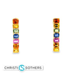Load image into Gallery viewer, 18KT Gold Dangle Earrings with Multi-Colored Emerald-Cut Sapphires
