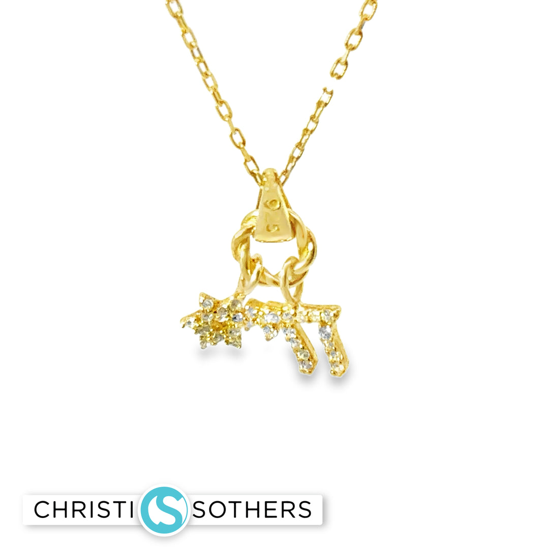 Star/Chai Charm Necklace with Round Cut CZs