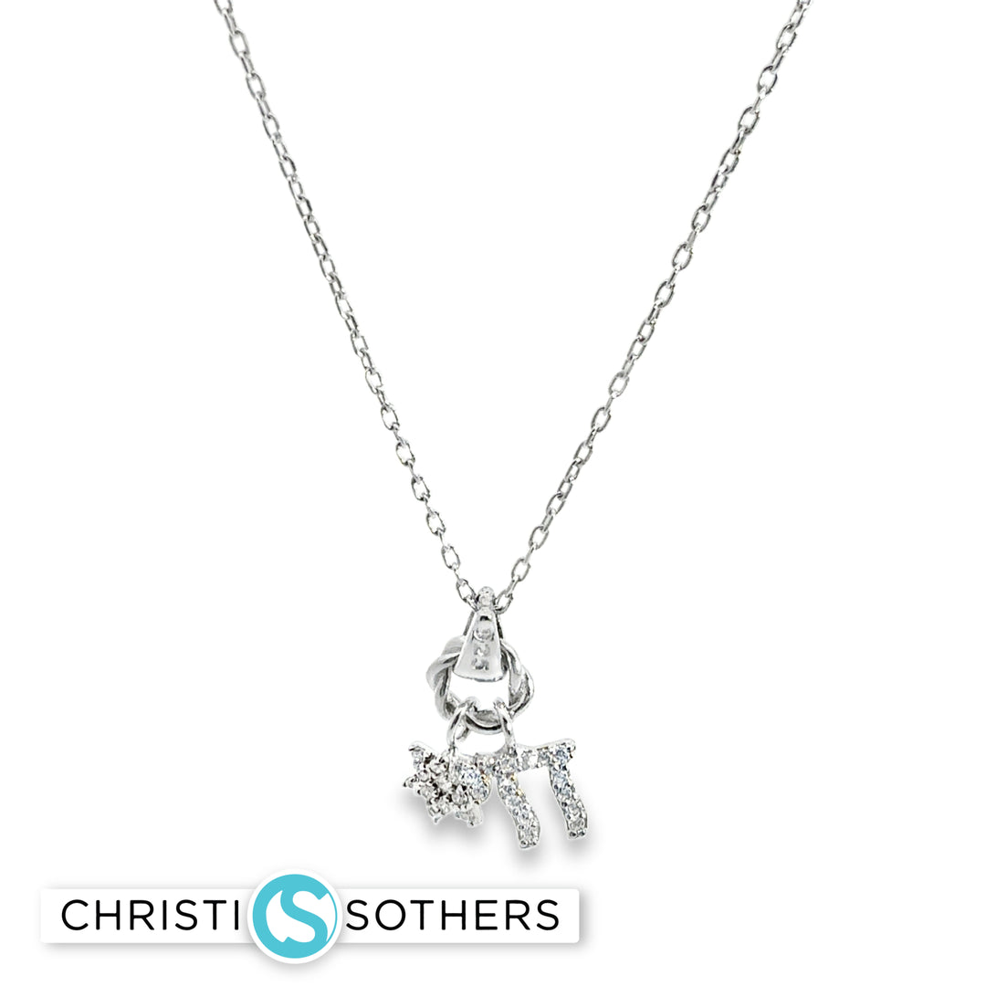 Sterling Silver Star/Chai Charm Necklace with Round Cut CZs