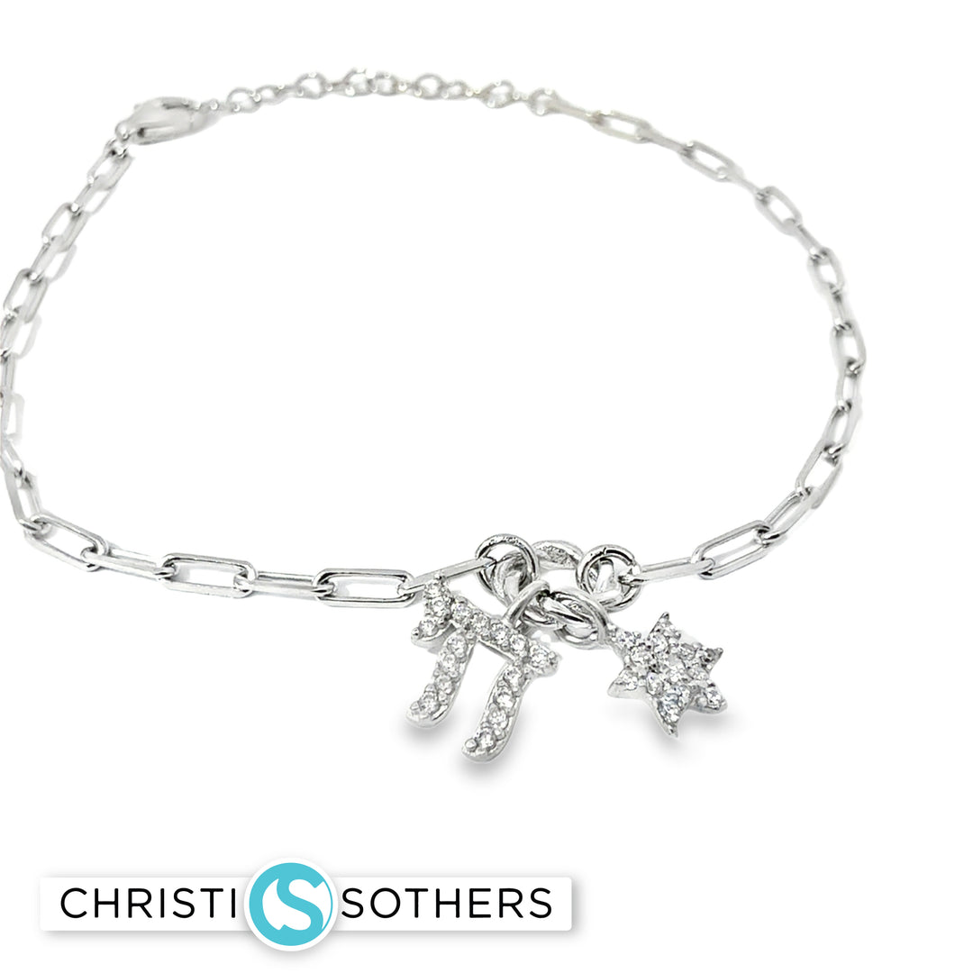 Sterling Silver Star/Chai Charm Bracelet with Round Cut CZs
