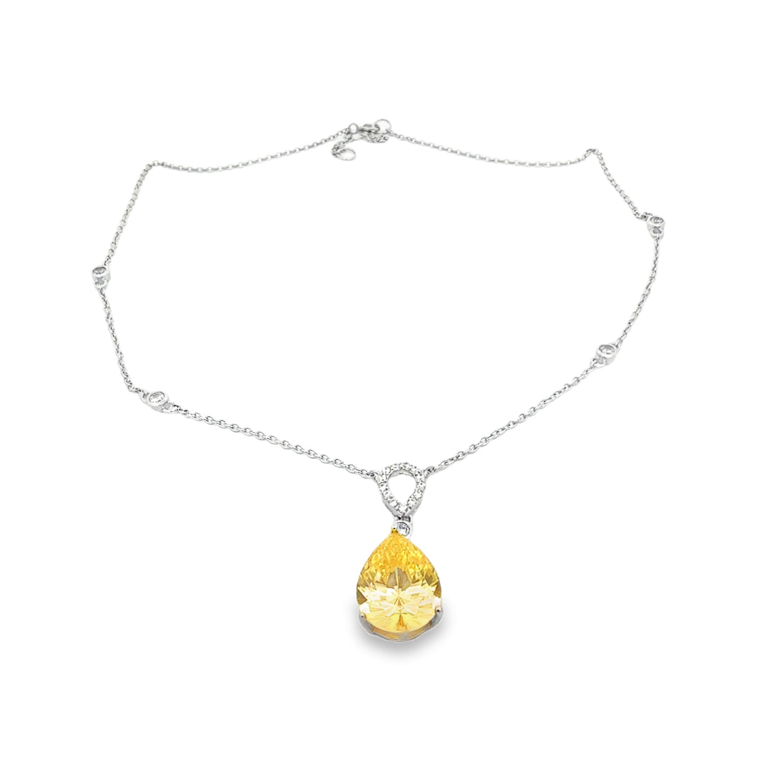 Sterling Silver Charm Necklace with Pear Crystal Drop and Studded Chain