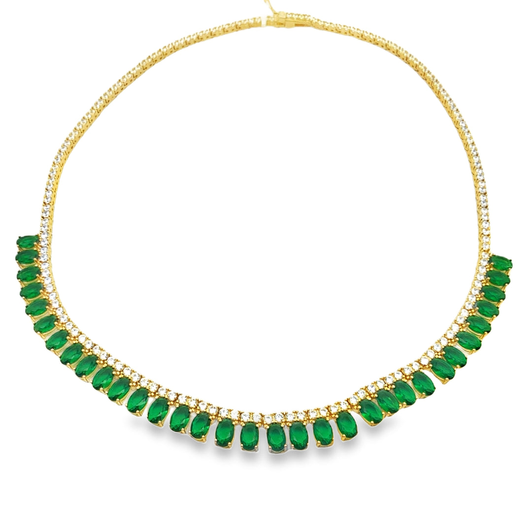 Gold-Plated Sterling Silver Cabochon Green Crystal Necklace