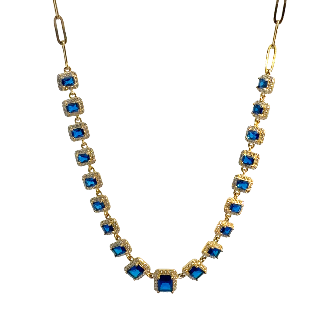 Gold-Plated Paperclip Chain Necklace with Royal Blue & White Crystals