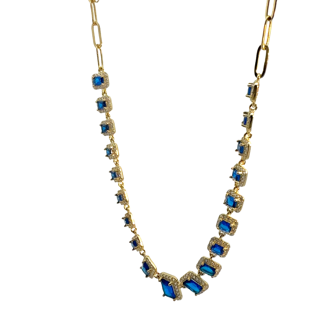 Gold-Plated Paperclip Chain Necklace with Royal Blue & White Crystals