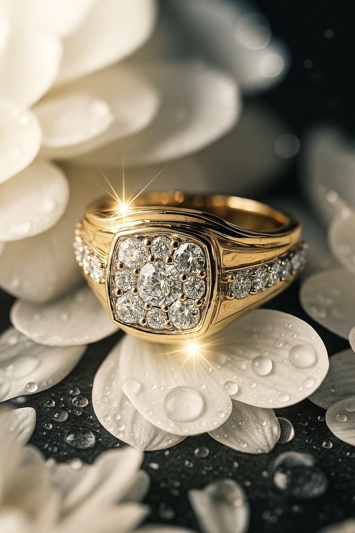 14KT Yellow Gold Cushion Cluster Ring with Round Brilliant-Cut Diamonds