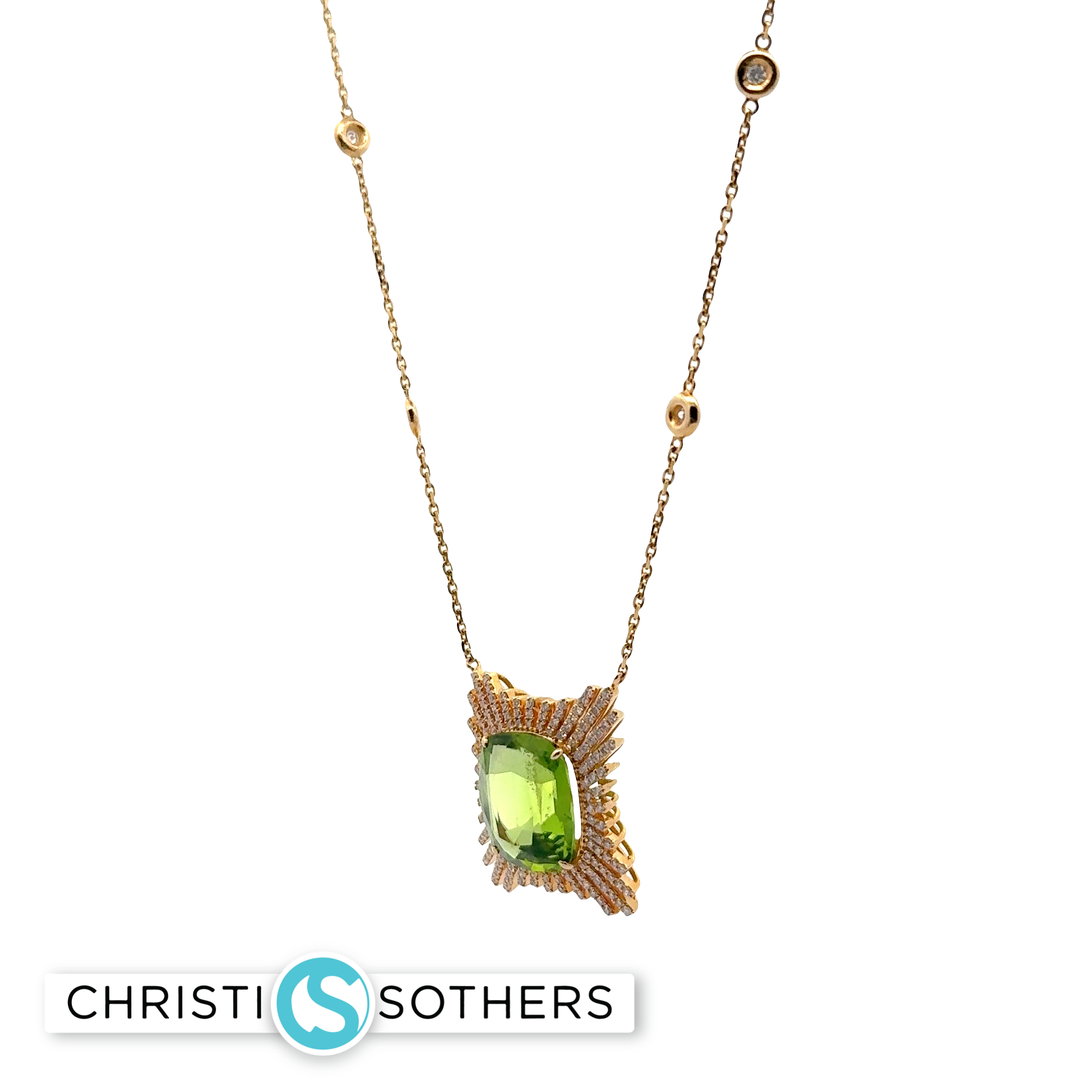 18KT Yellow Gold Cushion-Cut Peridot Charm Necklace with Diamond Accents (9.70 ct)