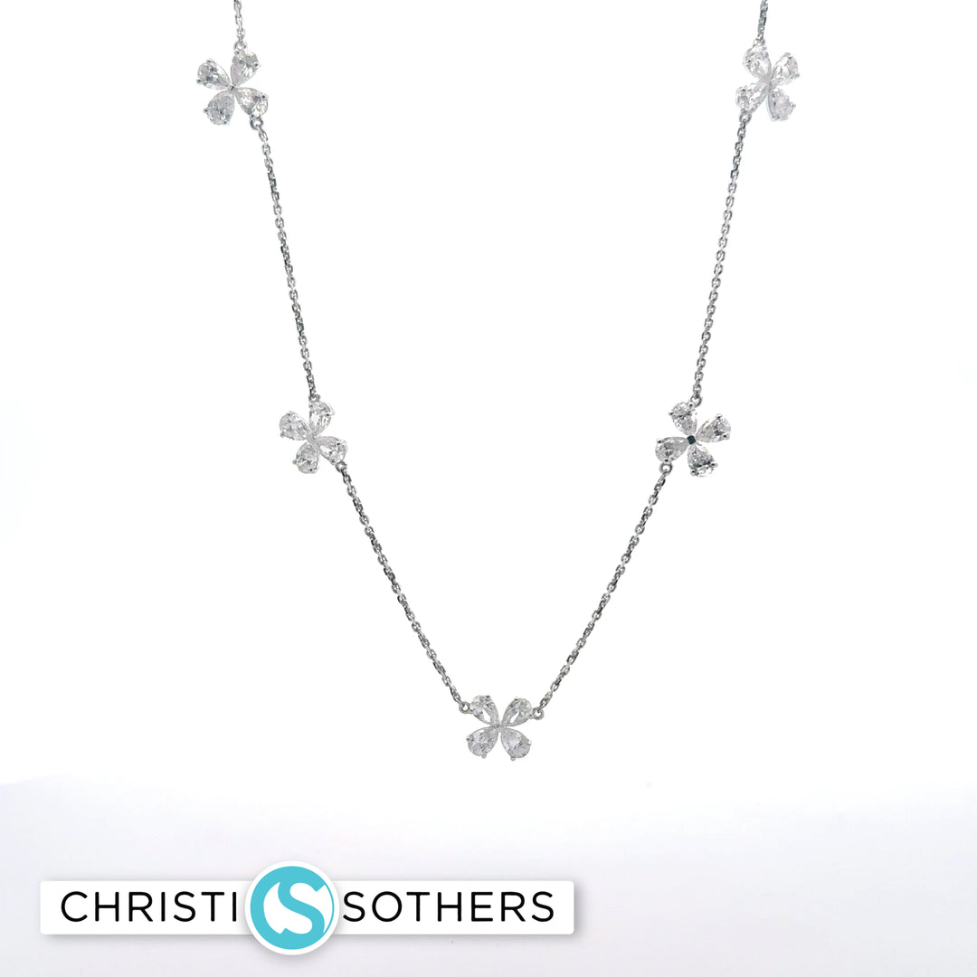 Floral Pear-Shaped Diamond Necklace in White Gold over Silver