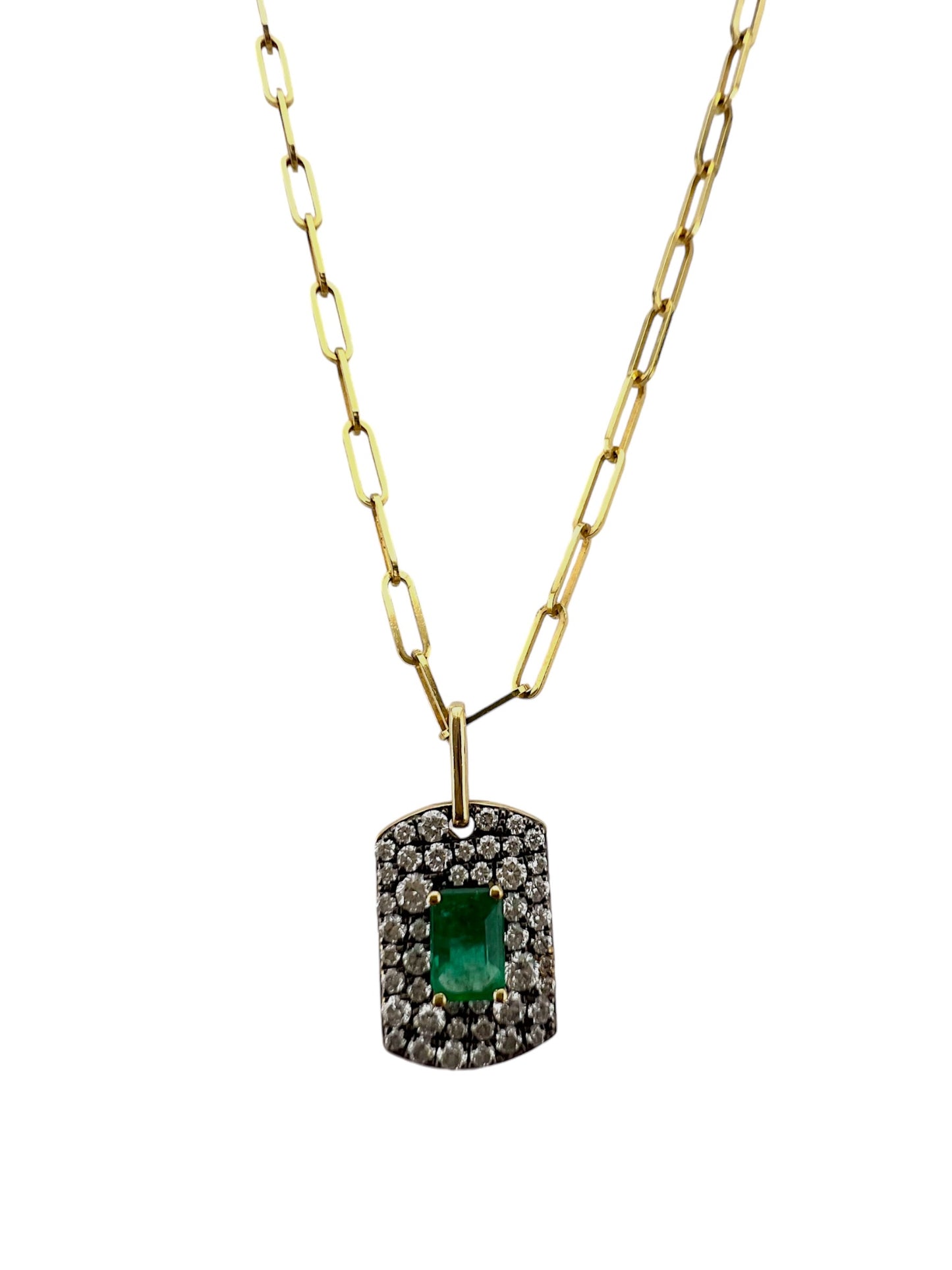 Radiant Emerald and Diamond Halo Necklace in 14KT Yellow Gold