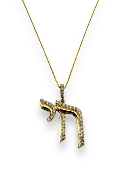 14K Yellow Gold Chai Pendant Necklace with Diamonds