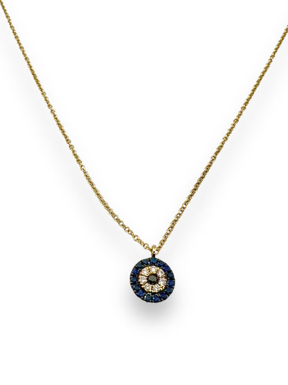 14K Gold Evil Eye Necklace with pavé Sapphires and Diamonds