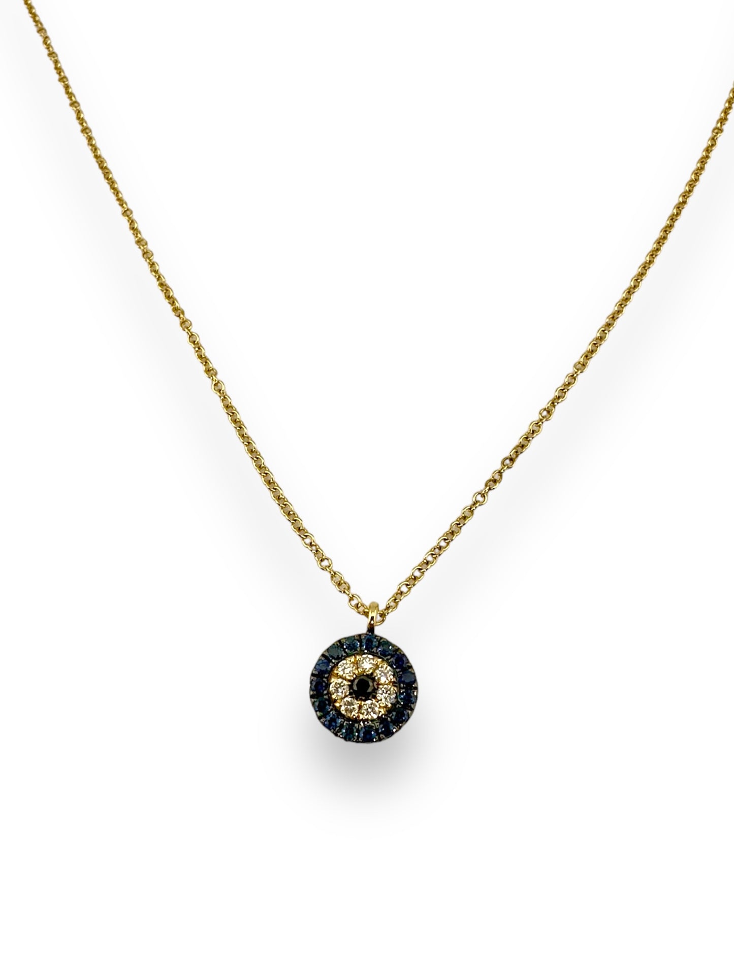 14K Gold Evil Eye Necklace with pavé Sapphires and Diamonds