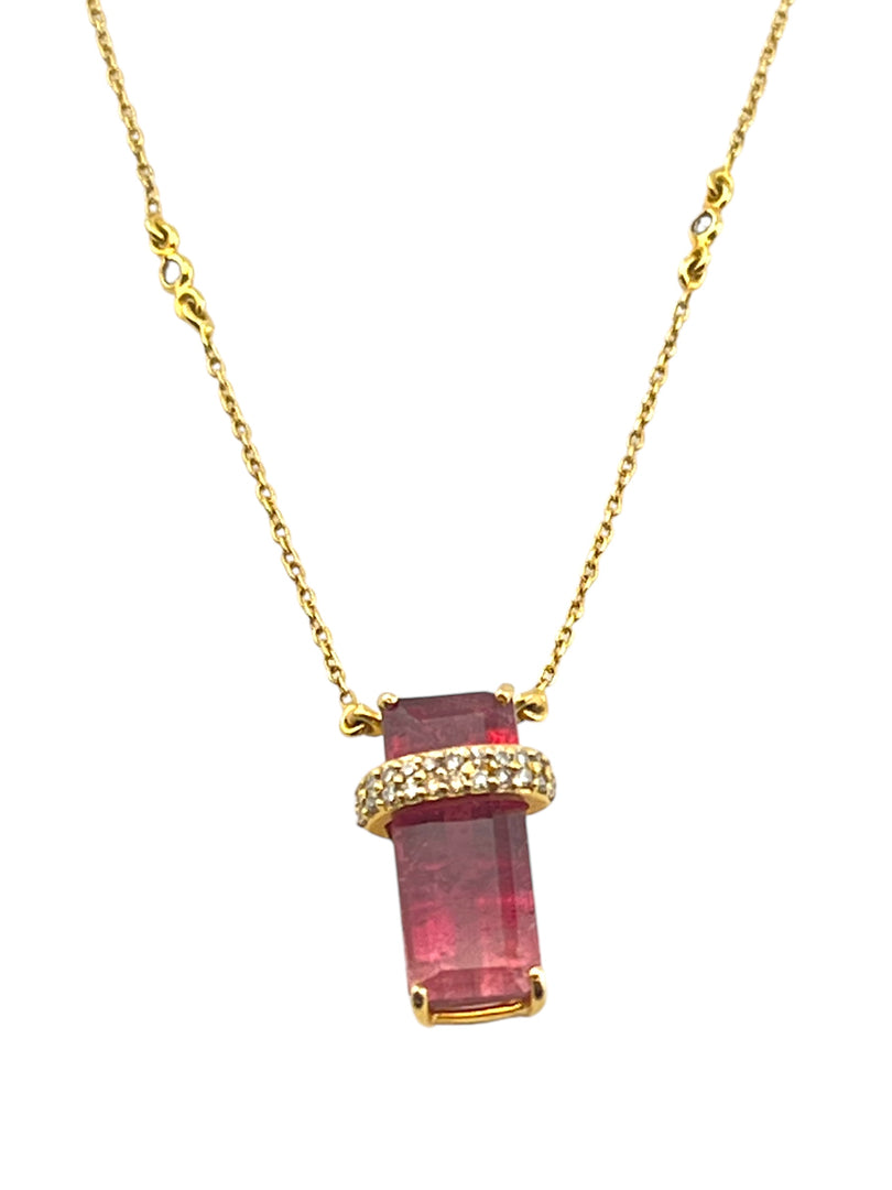 14KT Pink Tourmaline Diamond Bar Necklace