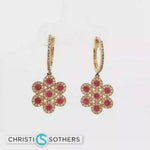Load and play video in Gallery viewer, 14KT Yellow Gold Ruby &amp; Diamond Flower Hoop Drop Earrings
