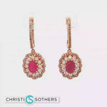 Load and play video in Gallery viewer, 14KT Rose Gold Ruby &amp; Diamond Halo Huggie Drop Earrings
