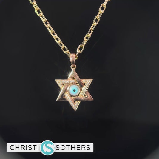 14KT Rose Gold Diamond Magendavid w/ Evil Eye Pendant