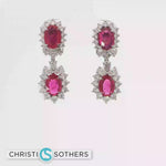 Load and play video in Gallery viewer, 18KT White Gold Ruby &amp; Diamond Double-Cluster Drop Earrings