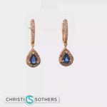 Load and play video in Gallery viewer, 14KT Rose Gold Sapphire &amp; Diamond Halo Huggie Drop Earrings
