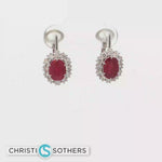 Load and play video in Gallery viewer, 18KT White Gold Ruby &amp; Diamond Halo Hinge-Back Earrings
