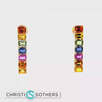 Load and play video in Gallery viewer, 18KT Gold Dangle Earrings with Multi-Colored Emerald-Cut Sapphires
