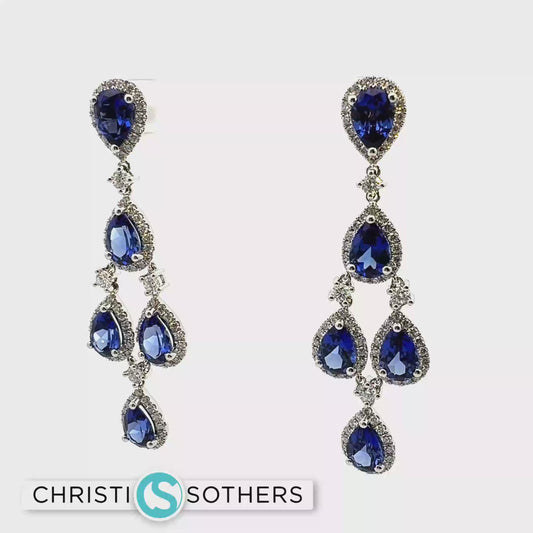 White Gold chandelier Earrings with Pear-Shaped Royal Blue Sapphires