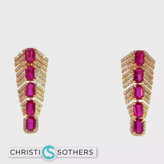 Gold Dangle Earrings with Emerald-Cut Red Rubies