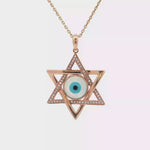 Load and play video in Gallery viewer, 14KT Rose Gold Diamond &amp; Blue Evil Eye Magen David Pendant
