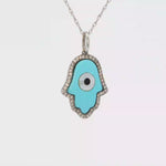 Load and play video in Gallery viewer, 18KT White Gold Diamond &amp; Turquoise Hamsa Pendant (2.53 cttw turquoise, 0.20 cttw diamonds)
